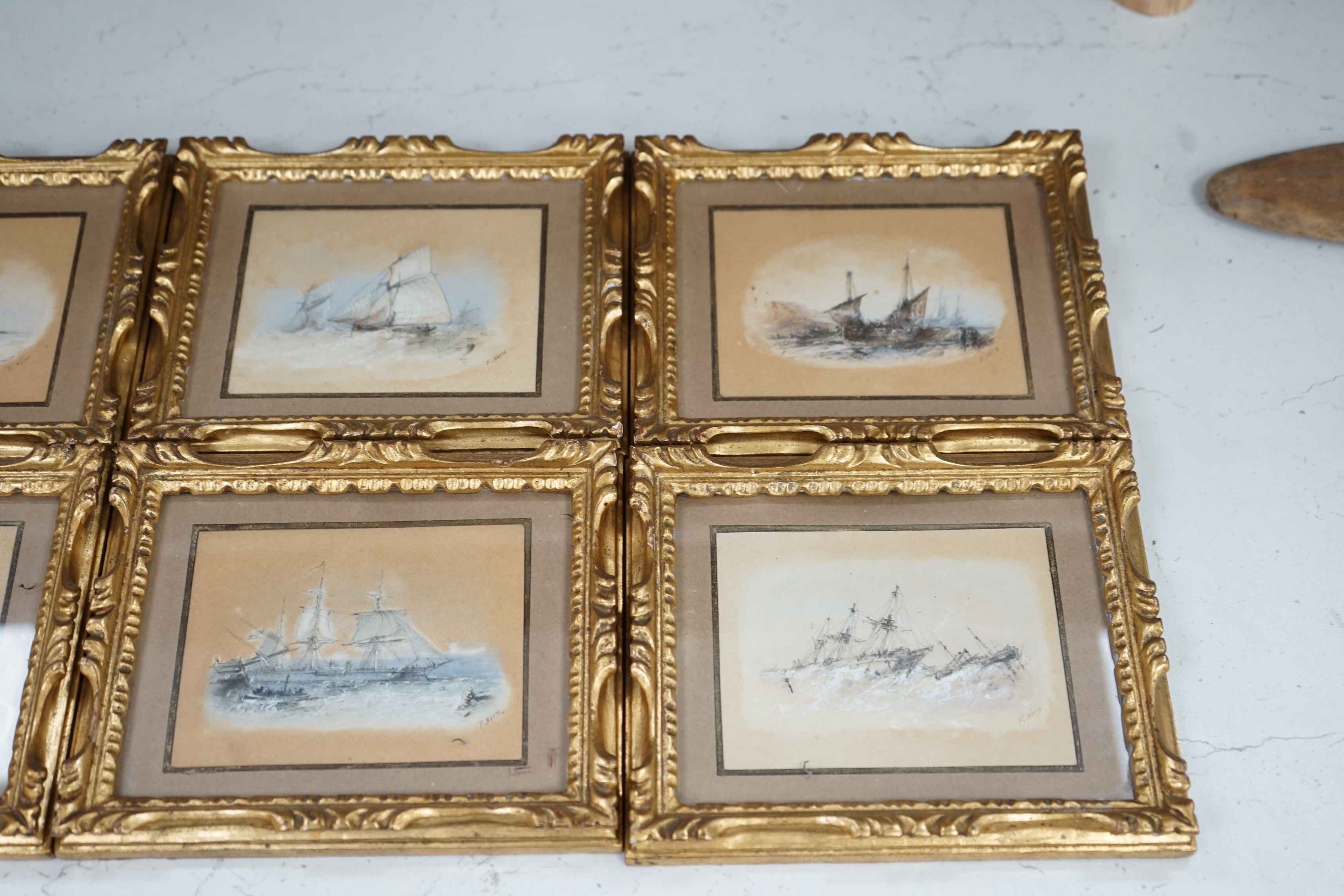 Frank V. Norie (19th century), set of eight heightened pastel and mixed media sketches, Maritime scenes, each signed, 9 x 11.5cm, ornate gilt framed. Condition - fair